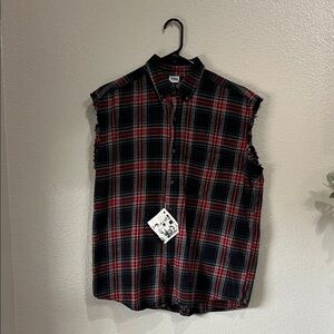 TOSS Men's Red Black Plaid Sleeveless Button-Down Shirt Fringed Casual Sz M